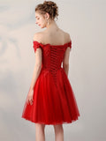 Off-the-Shoulder Appliques Pearls Sashes Red Homecoming Dress