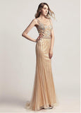 Gold Tulle Scoop See Through  Full-length Mermaid Evening Dress