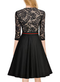 Women's Vintage Floral Lace Front Zipper 3/4 Sleeve Elegant Swing Dress