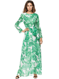 Green Long Sleeve O-neck Women Maxi Dress