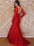  Lace Trumpet V-Neck Sweep Train Long Sleeves Evening Dress