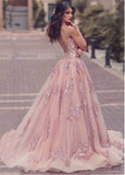 Tulle Jewel Pink Detachable Train Floor-length A-line Evening Dress