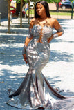 Long Sleeves Gray Off The Shoulder Satin Mermaid Prom Dress
