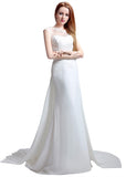 Tulle & Chiffon Illusion Jewel Neckline Sheath Wedding Dresses With Lace Appliques