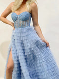 Blue Ruffles Tulle Sweetheart Sheer Prom Dress With Slit