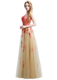 Romantic Tulle Queen Anne Neckline Cut-out Floor-length A-line Prom Dresses With Pockets