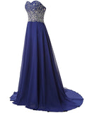 Long Beaded Royal Blue Prom Dresses Featuring Sweetheart Neckline Long Chiffon A Line Court Train Evening Gown