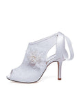 Amazing Satin Upper Peep Toe Stiletto Heels Wedding Shoes With Pearls