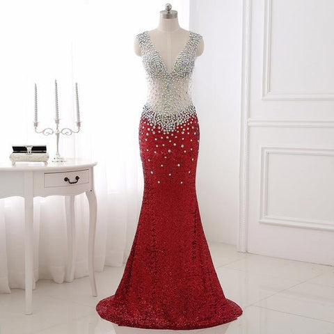 Trendy Crystal Backless Beading Chiffon Red Dress