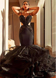 Organza Spaghetti Straps Black Ruffles Mermaid Evening Dress