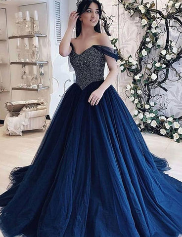 A Line Off The Shoulder Navy Blue Prom Dresses Long With Beading ...