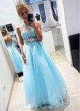 Beading Tulle Halter Neckline Two Piece A-line Prom Dress