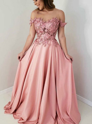 A-Line Pink Satin Appliques Off the Shoulder Prom Dress