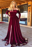 Velvet Long Sleeves Burgundy Off-The-Shoulder Prom Dress