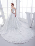 Off-The-Shoulder Cap Sleeve Beading Appliques Ball Gown Wedding Dress