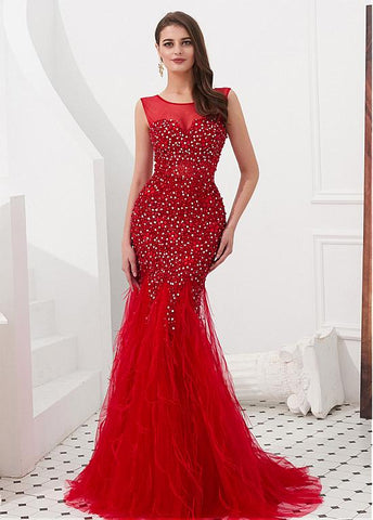 Tulle Jewel Red Beading Mermaid Evening Dress