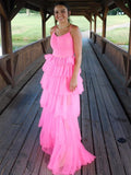 Hot Pink Ruffles Tulle A Line Prom Dress