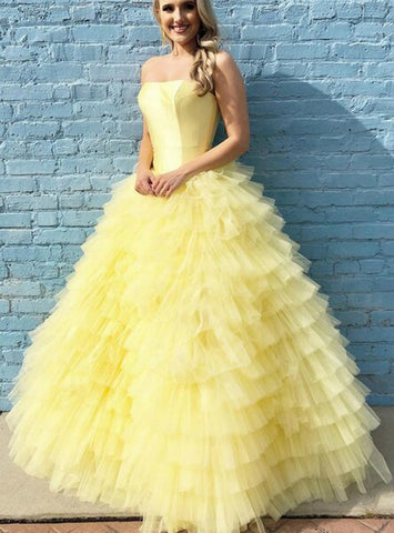 Ball Gown Long Yellow Tiered Floor Length Strapless Prom Dress