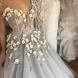 Ball Gown Straps Floor-Length Grey Sequined Wedding Dress with Appliques