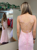 Pink Mermaid Backless Appliques Sexy Prom Dress