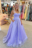 Spaghetti Straps Tulle Purple Bling Bling A Line Prom Dress