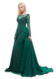 Satin Bateau Long Sleeve Green A-line Formal Dress