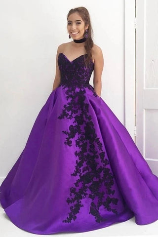 Satin Appliques Purple Sweetheart Prom Dress With Pockets