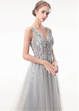 Tulle V-neck Gray Beading Backless A-line Prom Dress With Beadings