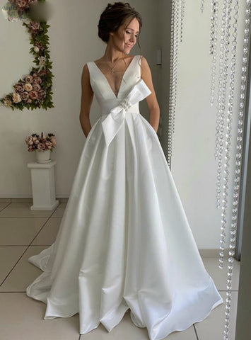  Satin V-neck Backless A-Line White Wedding Dress With Bow