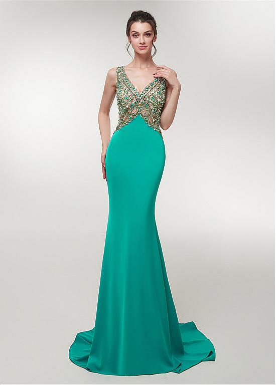 Stretch Satin V-neck Green Mermaid Prom Dress – Sassymyprom