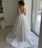 Satin V-neck Backless A-Line White Wedding Dress With Bow
