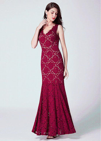 Lace V-neck Red Long Mermaid Evening Dress