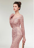  Lace Jewel Long Sleeve Pink Mermaid Evening Dress