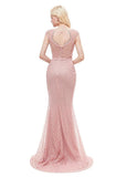 Pink Long Lace Jewel Mermaid Prom Evening Dress 