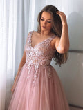 Appliques Tulle V Neck Pink Flower Long Prom Dress