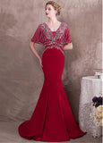 Satin V-neck Burgundy Mermaid Evening Dress With Beadings