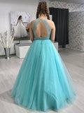 Beading Ball Gown Turquoise Blue Halter Keyhole Back Tulle Prom Dress