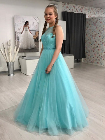 Beading Ball Gown Turquoise Blue Halter Keyhole Back Tulle Prom Dress