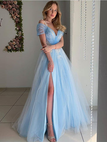 Light Blue Appliques Tulle Off The Shoulder Prom Dress With Slit