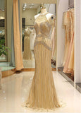 Gold Tulle Jewel Beading Chains Mermaid Prom Evening Dress