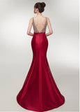  Satin V-neck Wine Red Mermaid Evening Dress 