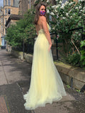 Beading Spaghetti Straps Daffodil Yellow Tulle Long Prom Dress With Slit