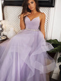 V Neck Purple Beading Elegant Backless A Line Prom Dress