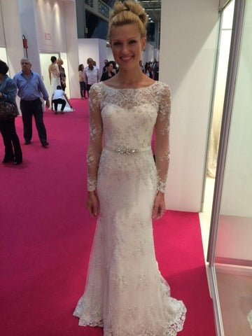  Crystal Sashes Long Sleeves Wedding Dress
