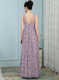 Lavender V-Neck Floor Length Long Lace Prom Dress