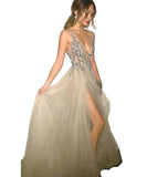 Sliver Sequin Deep V Neck Prom Dress