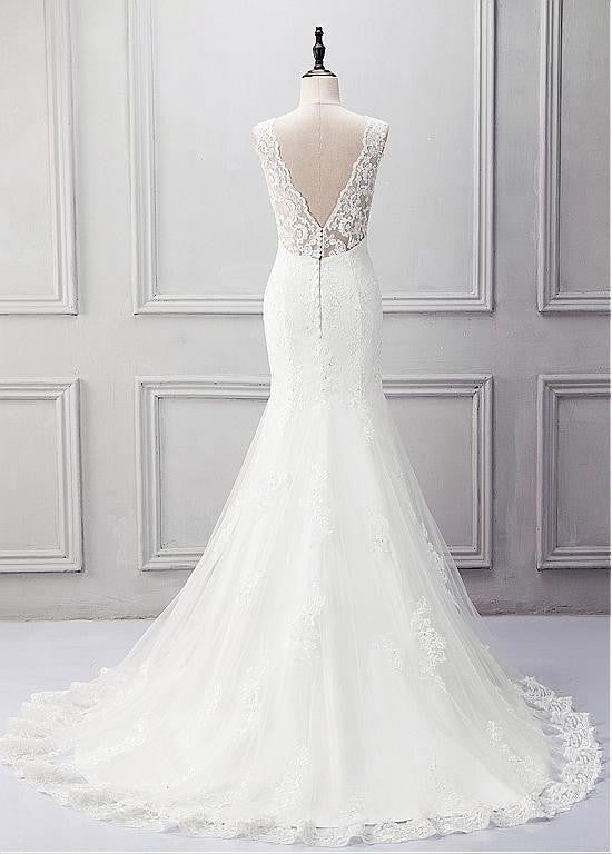 Elegant Tulle V-neck Neckline Mermaid Wedding Dress With Beaded Lace ...