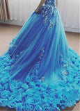 Blue Handmade Flower Ball Gown Prom Dress