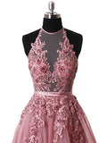 Halter Sleeveless Pink Applique Tulle Prom Dress