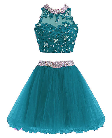 Two Piece Lace Prom Dresses Short Beading Homecoming Ball Gown